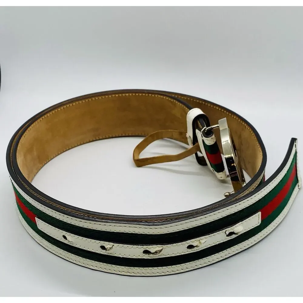 Gucci Belt White Green Red Stripe Interlocking GG Buckle Size 95cm 38 (Fits 36)